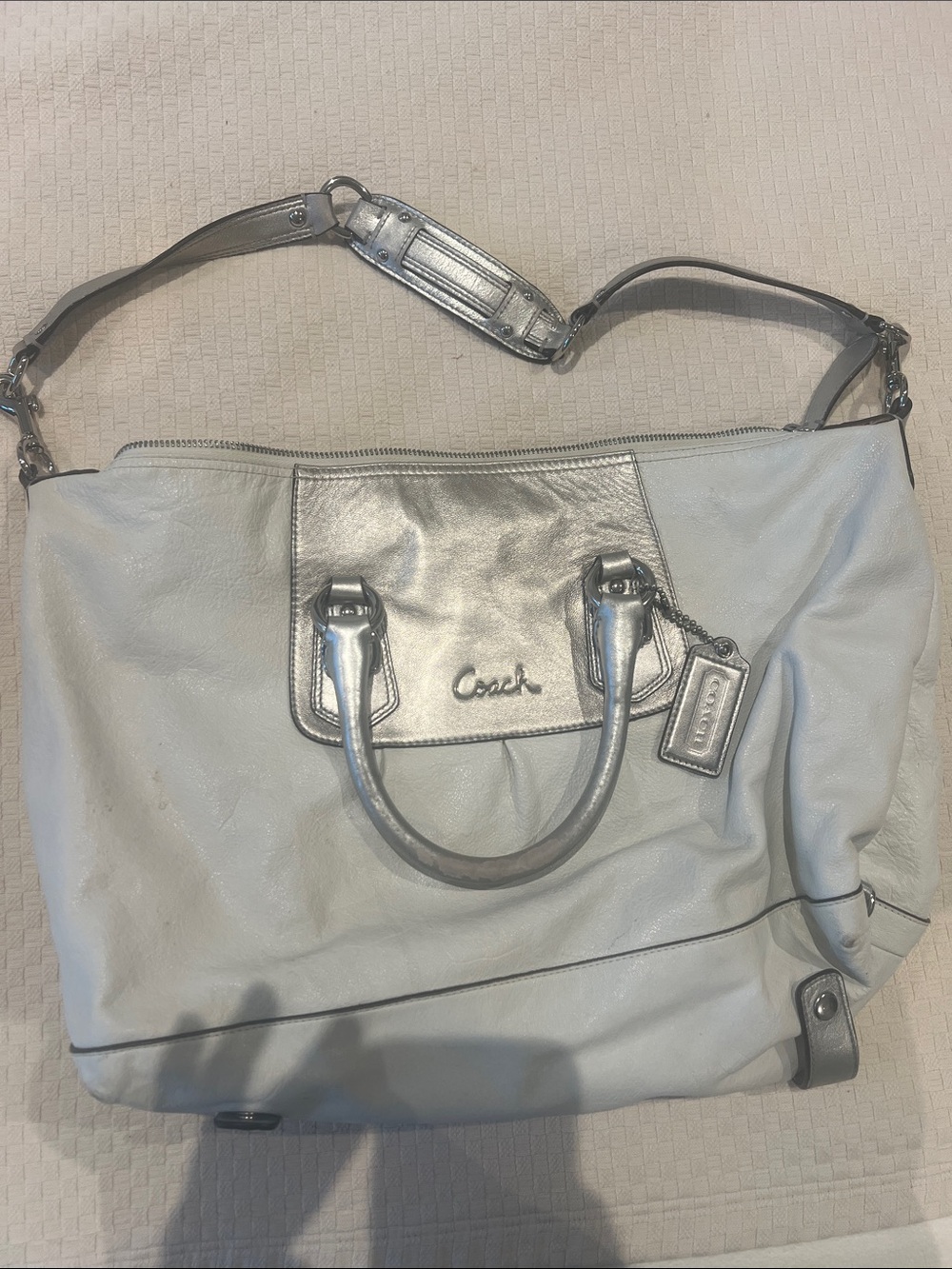 Coach White Leather Shoulder Satchel with Silver Accents